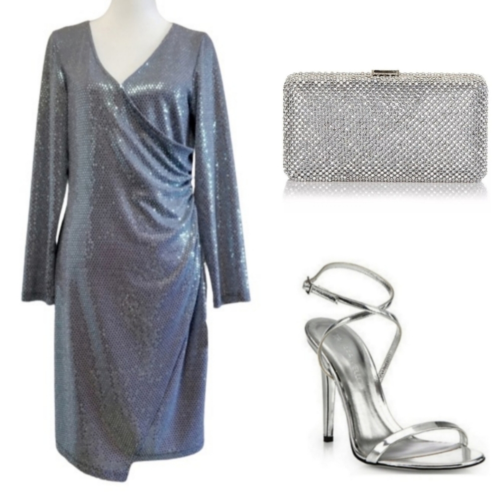 🆕️⬇️Olivia Matthews Silver Sequin Faux Wrap Dress